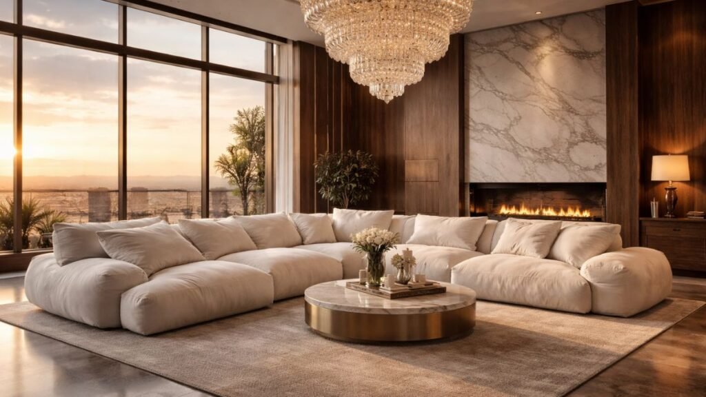Luxurious white cloud sofa in a modern penthouse living room with a marble fireplace and crystal chandelier.