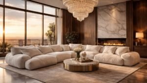 Luxurious white cloud sofa in a modern penthouse living room with a marble fireplace and crystal chandelier.