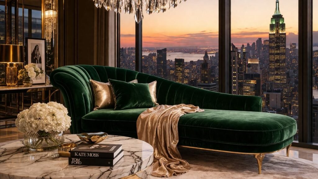 Luxury emerald green velvet chaise sofa in a modern penthouse living room