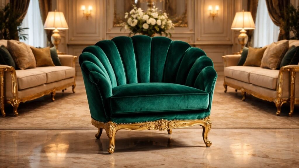 Luxury emerald green velvet sofa chair with gold legs in a royal living room