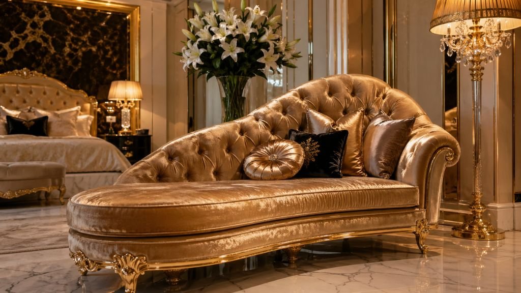 Opulent gold velvet tufted lounge chair in a grand bedroom