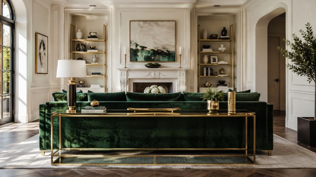 Sophisticated living room design featuring an emerald green velvet couch and a modern gold-frame console
