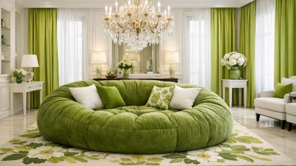 Luxurious green bean bag sofa in a modern living room.
