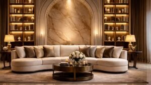 Luxury modern curved sofa in a grand living room with marble arch and golden lighting.