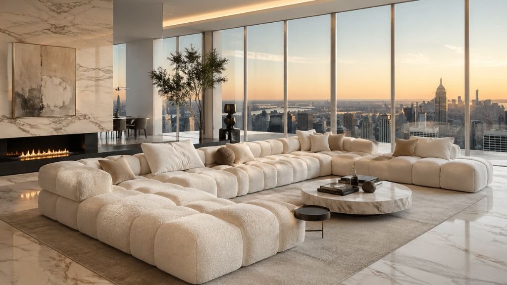 A massive modular cloud sofa in a luxury penthouse living room with city views and a marble fireplace.