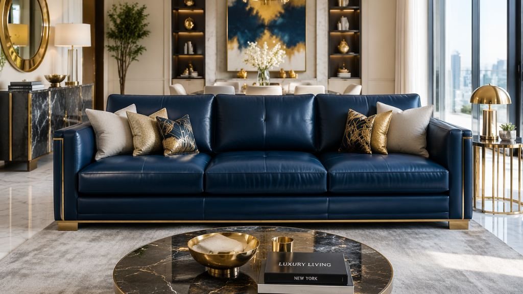 Luxury navy blue leather sofa with gold accents in a premium living room