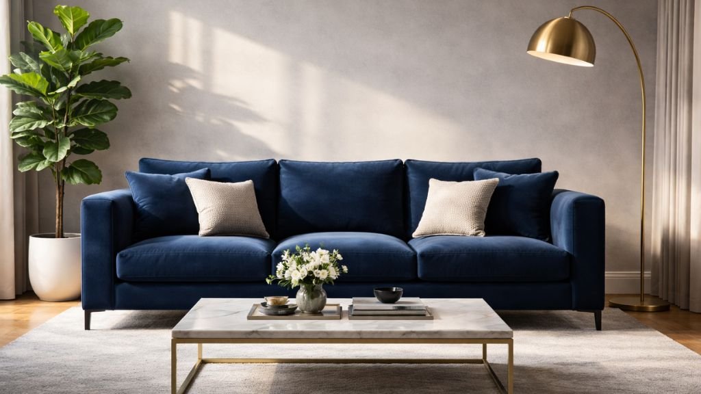 Elegant navy blue velvet couch with beige cushions, a gold floor lamp, and a marble coffee table in a modern living room.