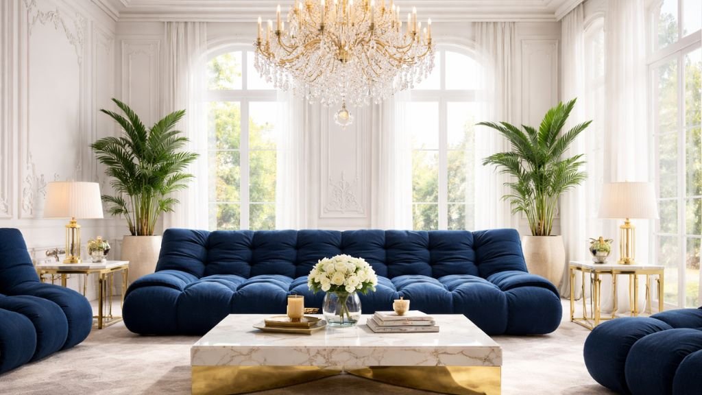 Elegant crystal chandelier and polished marble floor in a luxury home