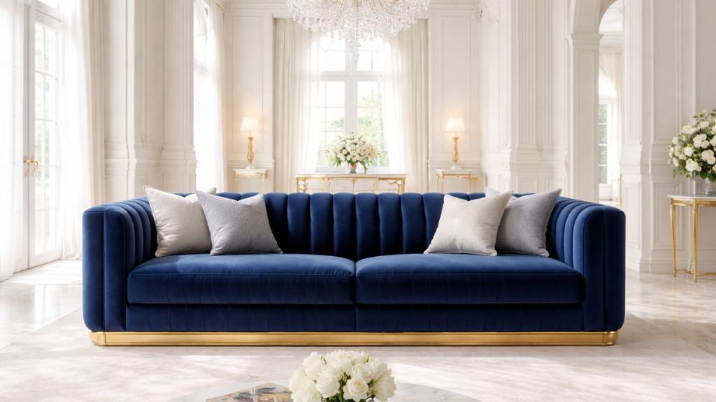 Luxurious navy blue velvet sofa in a grand white palatial living room.