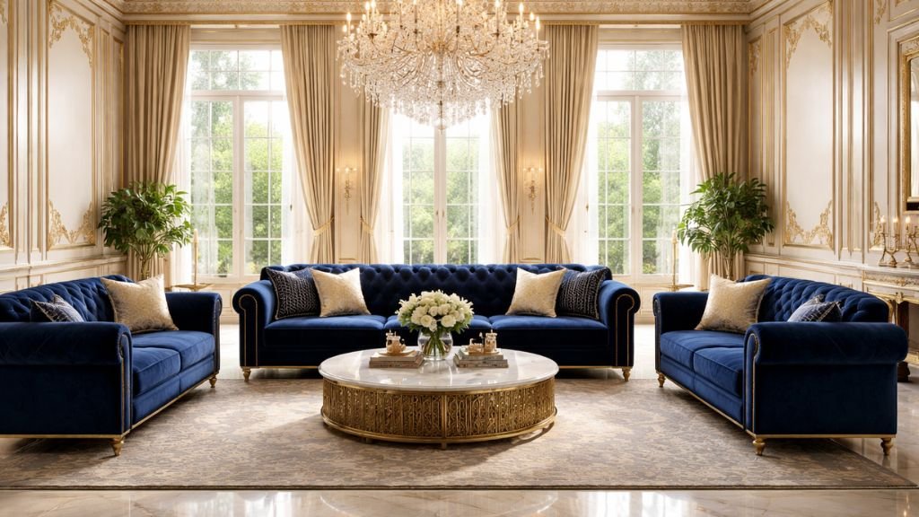 Luxurious Royal Blue velvet sofa set with gold decor