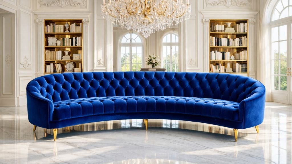 Royal blue tufted curved sofa in a luxury marble living room