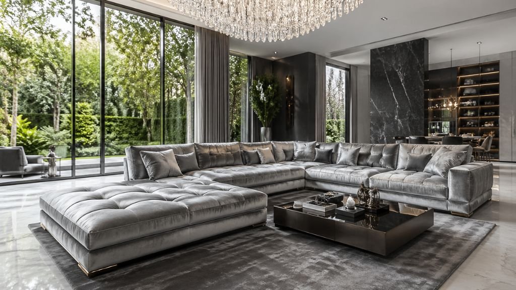 Modern L-shaped silver velvet seating with a garden view