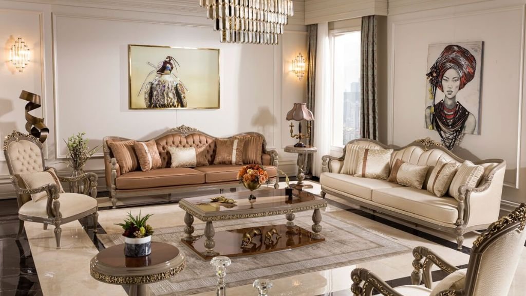 Luxury living room with hand-carved wooden sofa set and elegant crystal chandelier