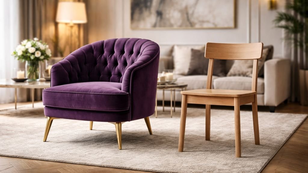 Comparison of luxury purple velvet sofa chair versus a simple wooden chair in a modern living room
