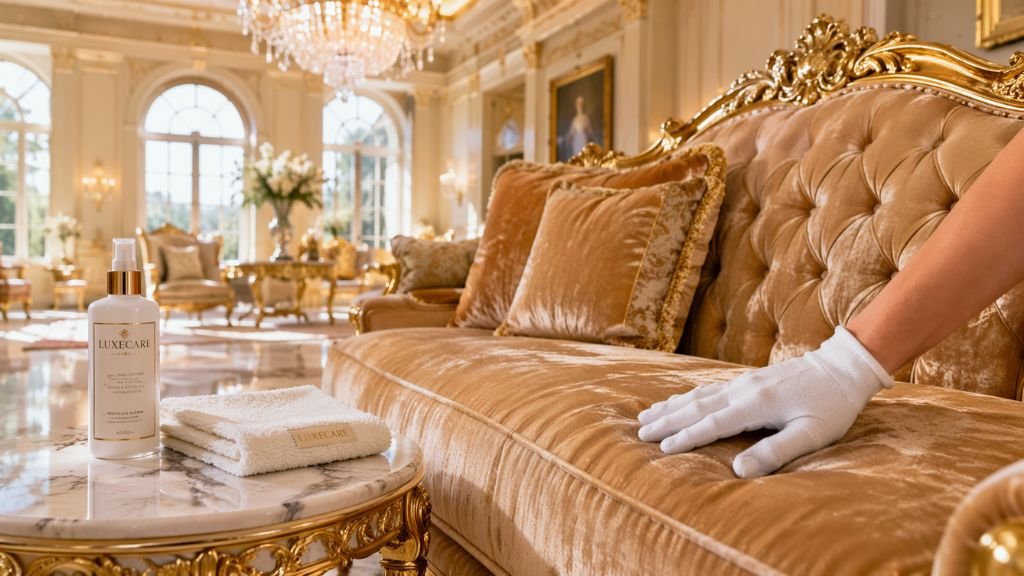 Professional cleaning of a luxury gold carved velvet sofa using LuxeCare cleaning spray, white gloves, and a microfiber towel.