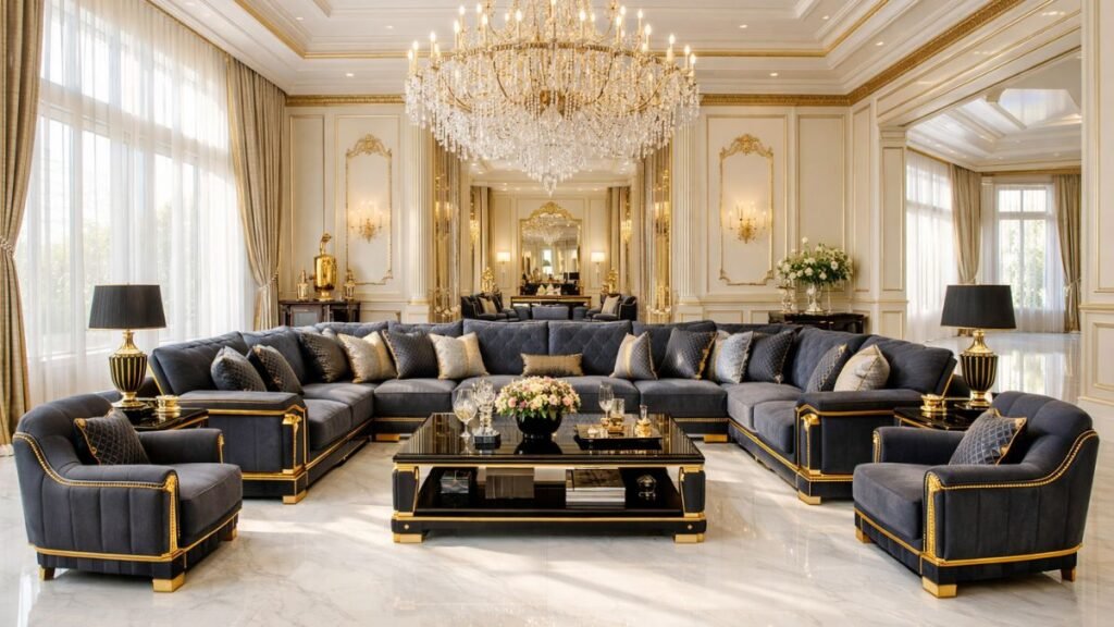 Grand luxury charcoal grey and gold sofa set in a royal marble living room