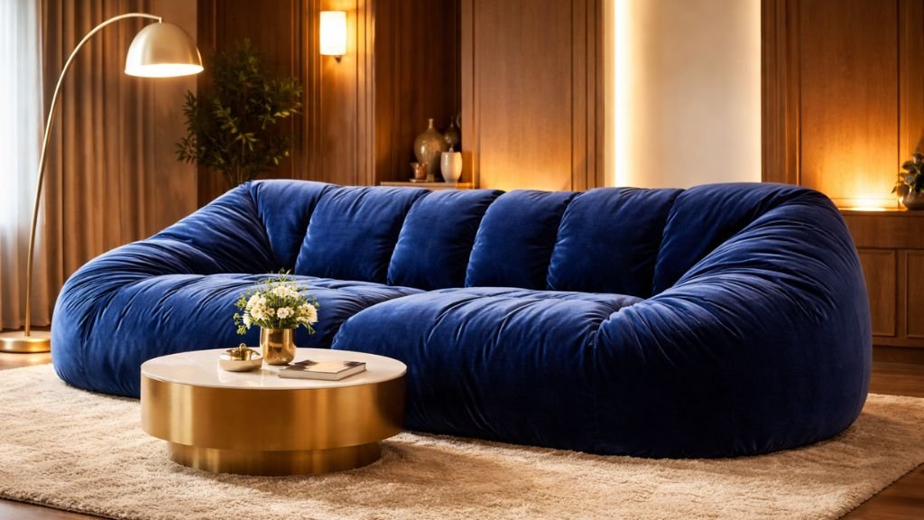 Royal blue velvet bean bag sofa in a luxury modern living room.