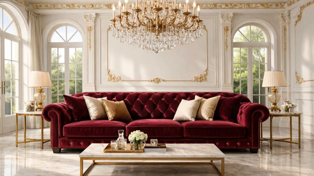 Luxury burgundy velvet sofa set for elegant interiors