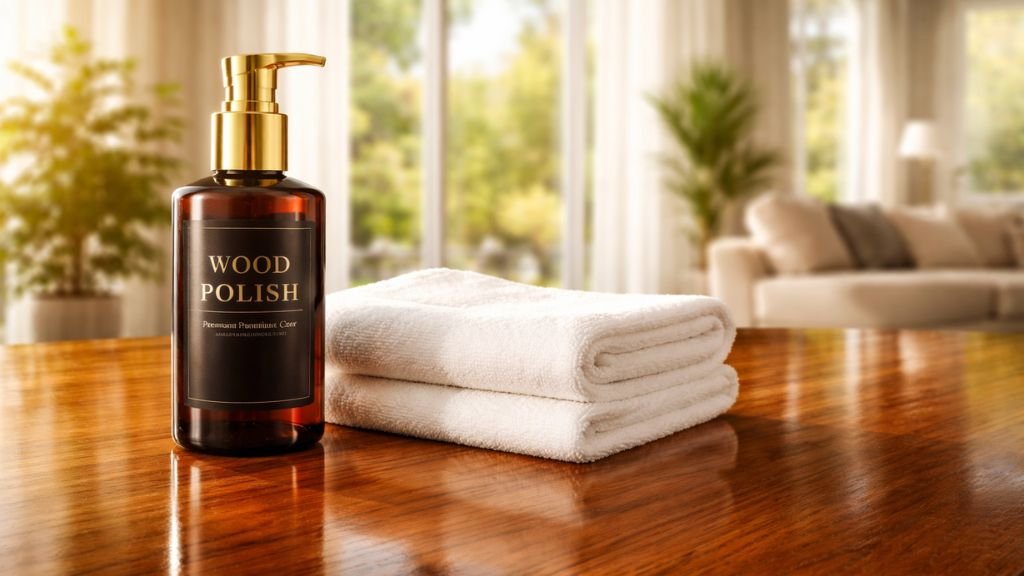 Premium wood polish bottle and soft microfiber cloth for luxury sofa maintenance