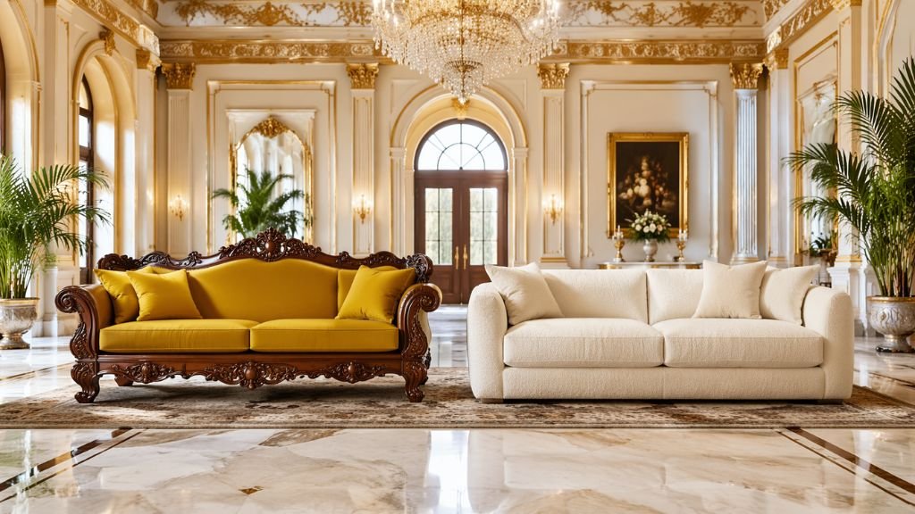 "Comparison of a royal hand-carved wooden sofa with yellow velvet and a modern plush cream fabric sofa in a luxury gold-decorated hall