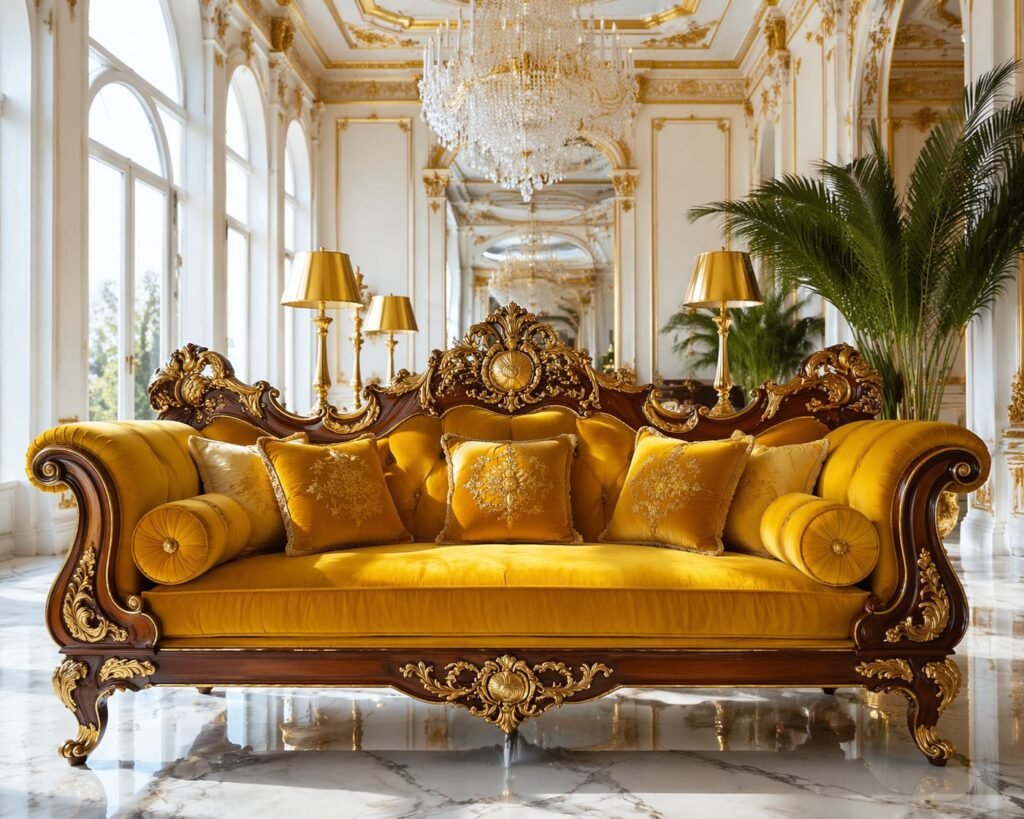 Majestic mustard velvet couch with heavy rococo style gold-leaf detailing in a bright palace ballroom
