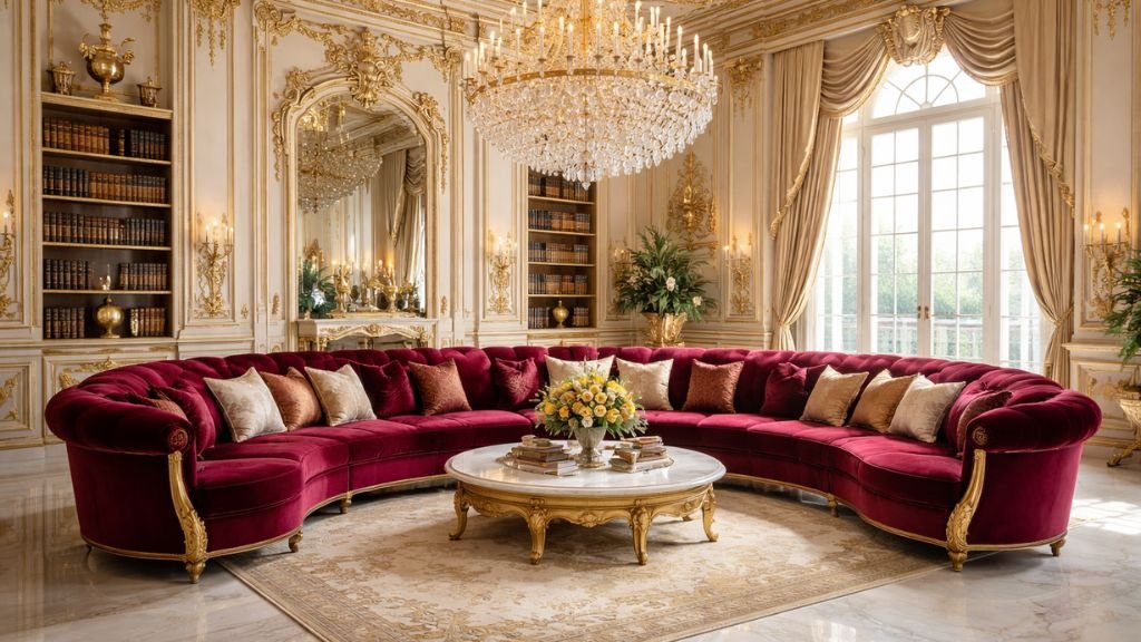 Royal ruby red velvet curved sectional sofa in a majestic gold and cream living room