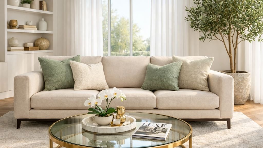 A bright modern 3-seater sofa with sage green cushions in a sun-lit living room.