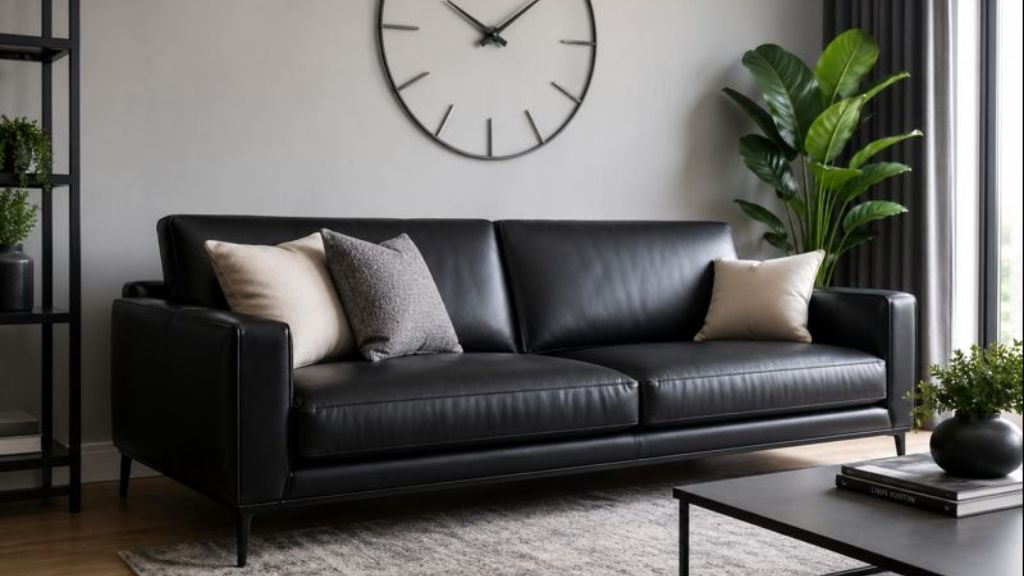 Professional black leather sofa in a modern living room with a large wall clock