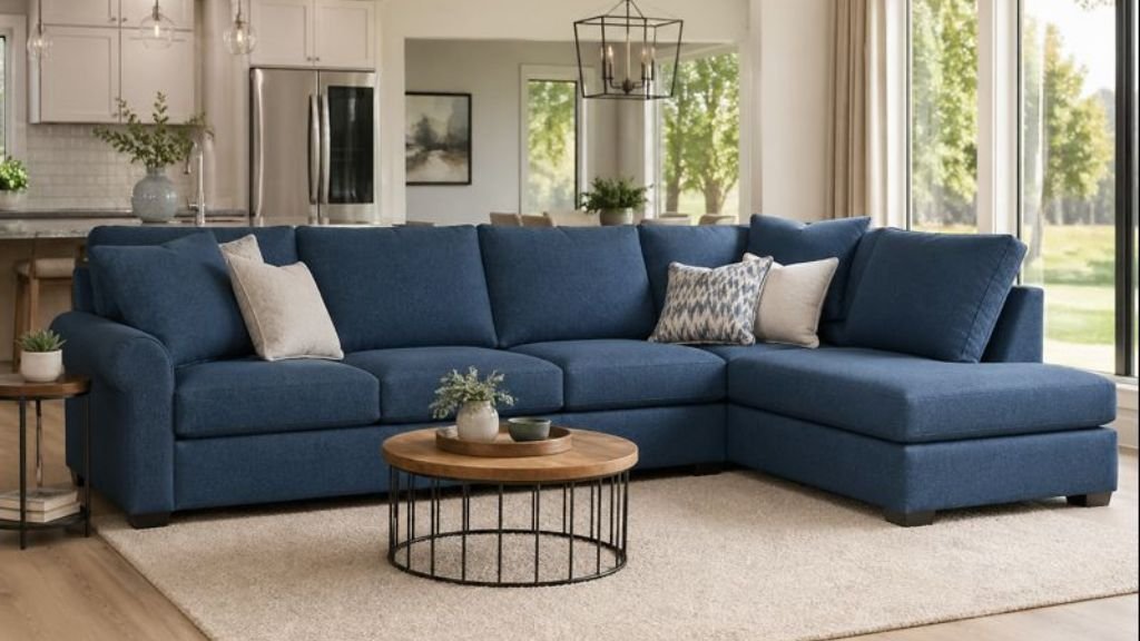 Modern navy blue sectional sofa in a bright living room