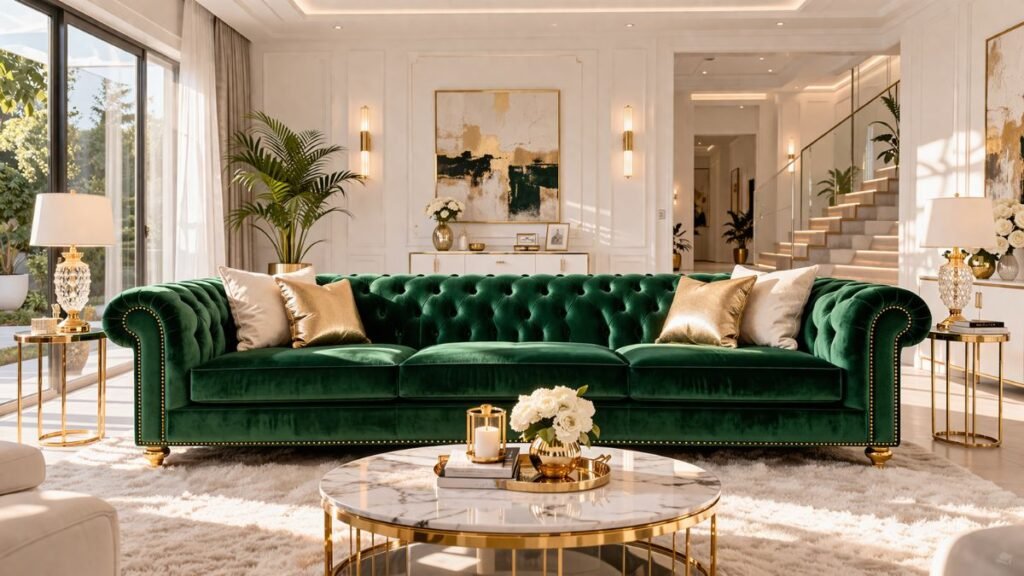 Luxurious emerald green velvet couch with gold accents in a spacious modern lounge.