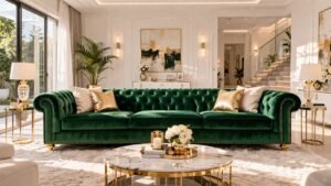 Emerald green velvet Chesterfield sofa in a bright modern living room