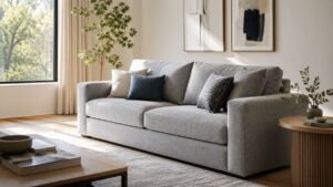 A comfortable and stylish grey fabric sofa in a modern minimalist living room.