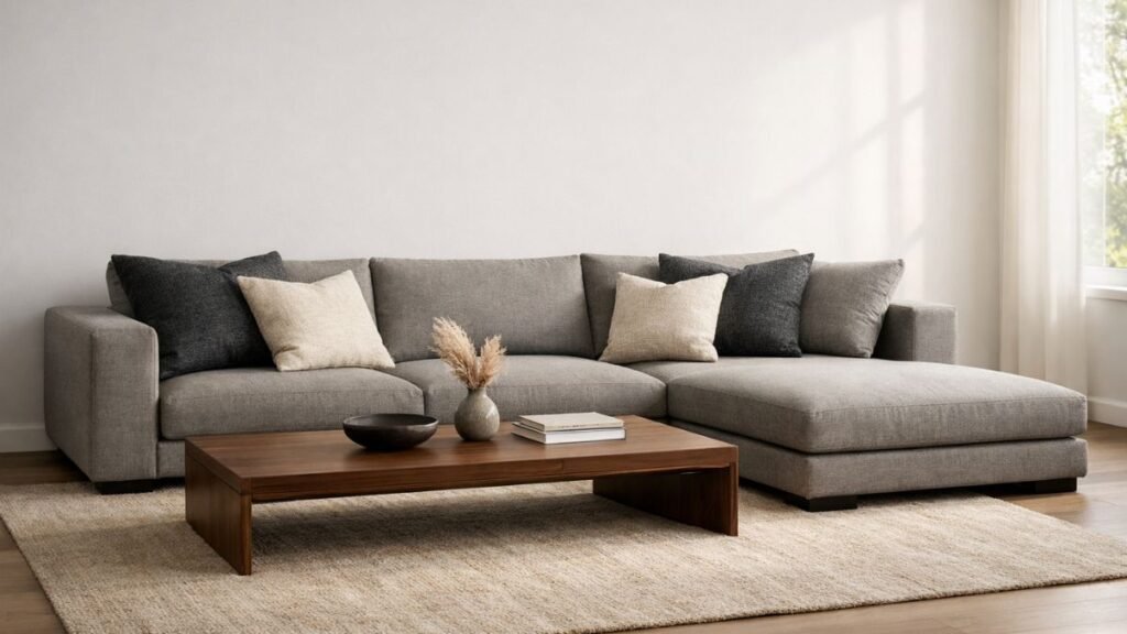 Modern grey L-shaped corner sofa with wooden coffee table in a minimalist living room