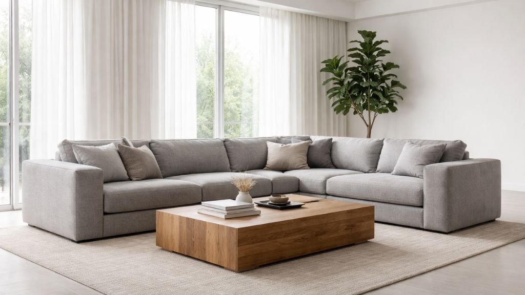Modern grey L-shaped corner sofa with wooden coffee table and minimalist decor