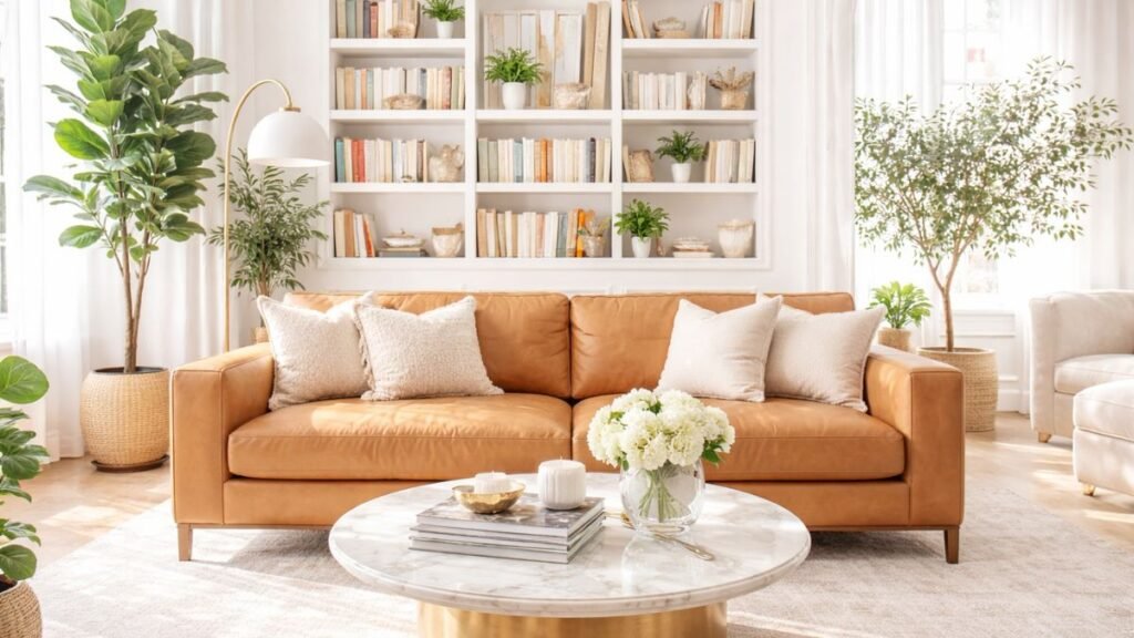 Premium tan leather sofa in a bright modern living room with bookshelf decor