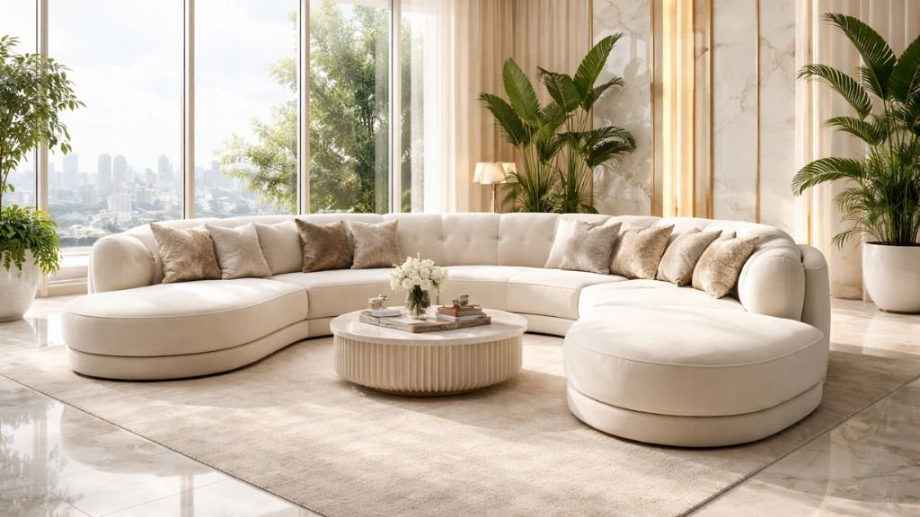 Modern luxury curved modular sofa in a sunlit grand penthouse with eco-friendly plants