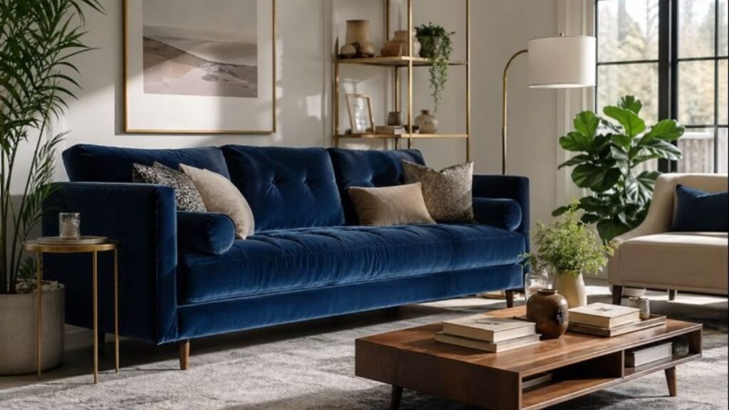 Modern navy blue velvet sofa in a stylish living room