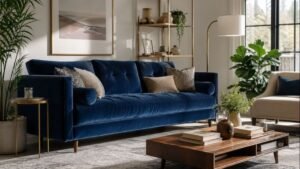 Modern navy blue velvet sofa in a stylish living room