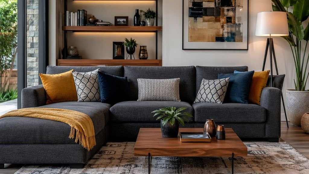 Full view of a luxury charcoal grey sofa with mustard and navy blue mixed-and-matched cushion covers.