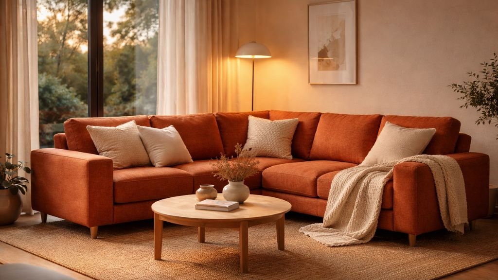 Cozy terracotta sectional seating with cream cushions and wooden coffee table
