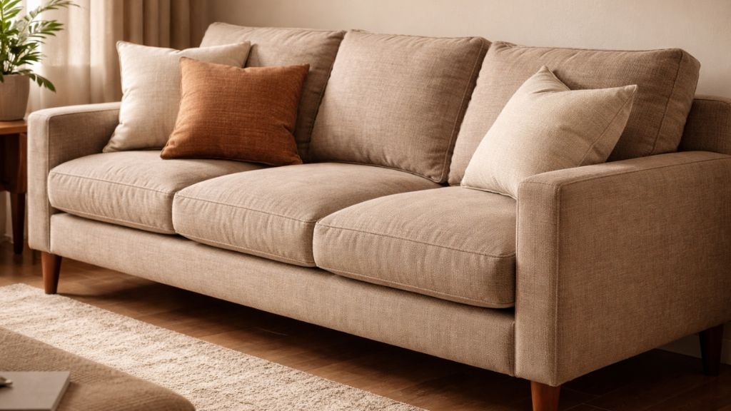 Comfortable beige fabric three-seater sofa with wooden legs and decorative cushions in a sun-lit modern interior.
