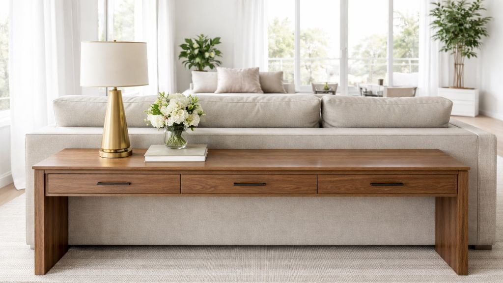 Luxury beige sofa styling ideas with elegant back-table decor
