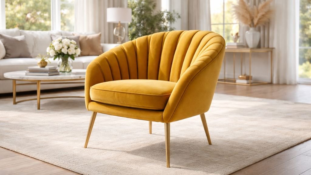Vibrant designer furniture with gold legs in a bright room