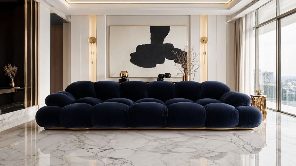 Comparison view of a deep navy blue velvet seat on white marble flooring.