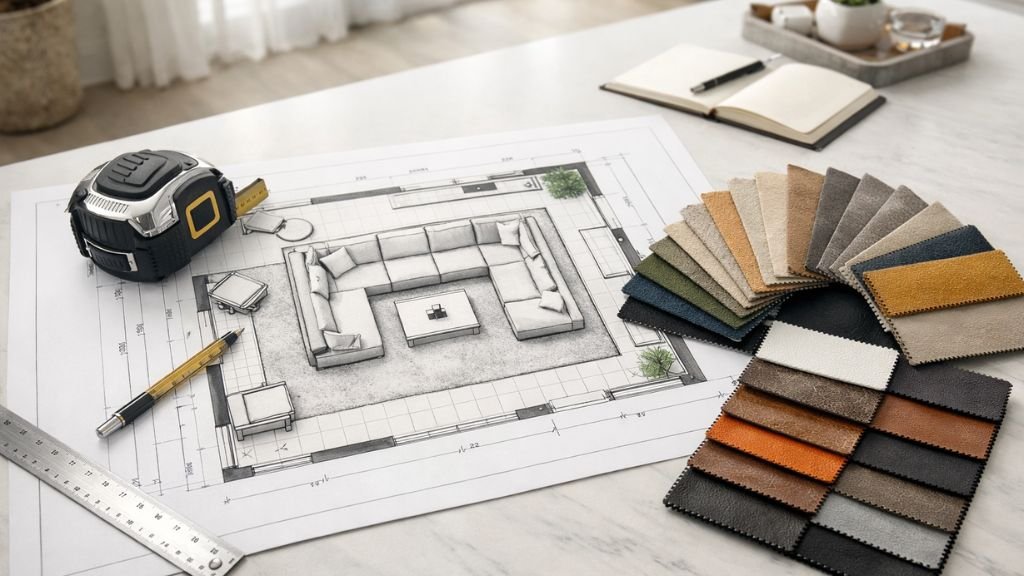 Floor plan and material swatches for choosing the right U-shaped sofa
