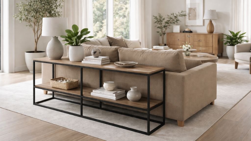 Industrial black metal frame furniture with wooden shelves for a modern living room trend