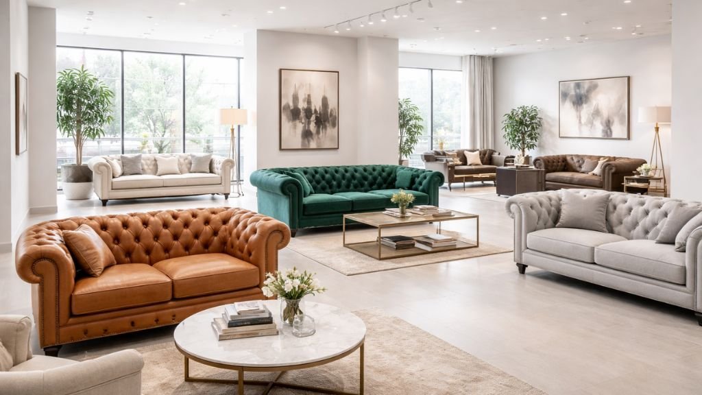 Variety of luxury tufted seating in different colors arranged in a modern interior showroom.