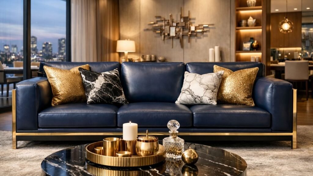 Luxury navy blue leather 3 seater sofa with gold frame in a modern living room.