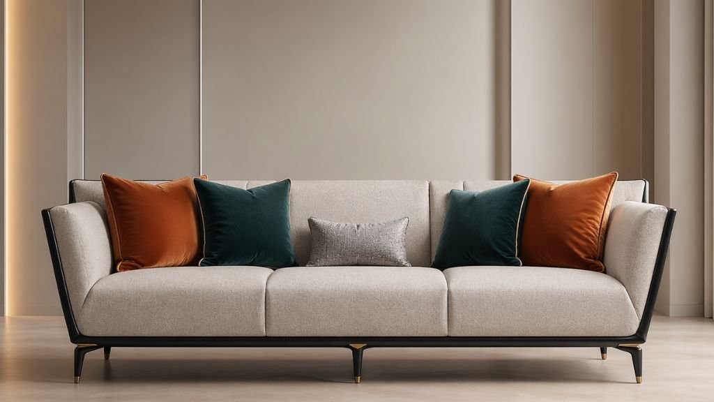 Full view of a modern designer sofa with a black frame and luxury velvet cushion covers in rust and green.