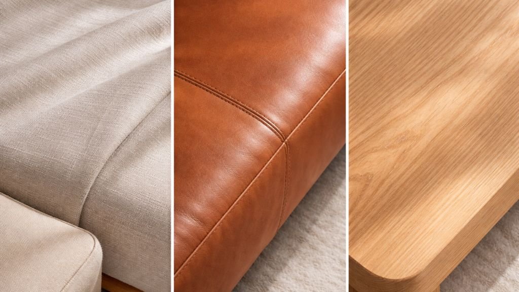 Close-up comparison of beige linen fabric, cognac leather, and natural oak wood textures for modern furniture.